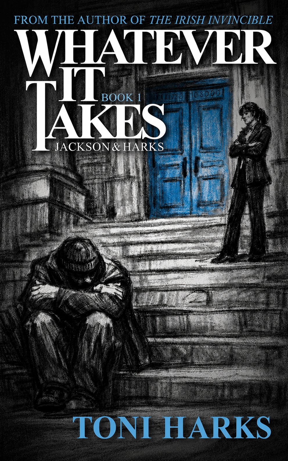 Book cover featuring “Whatever It Takes” title, blue door, and two armored figures in dark medieval style.